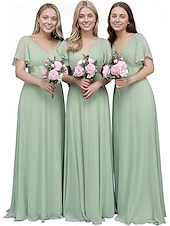 baratos Vestidos para Madrinhas-vestido de dama de honra linha a decote em v manga curta elegante comprimento até o chão chiffon com faixa / fita / franzido 2025
