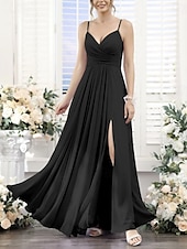 baratos Vestidos para Madrinhas-Linha A Vestido de Madrinha Decote V / Com Alças Finas Sem Manga Elegante Longo Chiffon com Pregas / Fenda Frontal / Franzido 2022