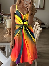 baratos Arte &amp; Design Vestidos-Vestido Mini Feminino Vestido Casual Vestido Petite Vestido de Verão Vestido de Férias Casual Férias Diárias Regular Floral Ombre Gráfico Sem Mangas Decote em V Amarelo Verão
