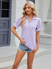 cheap Lace Tops-Women&#039;s Boho T-shirt Plain Bohemia Cute Stylish Short Sleeve Puff Sleeve V Neck Shirt Collar Regular Tops Daily Going out Weekend Ruffle Eyelet Sage Green Black White Pink Wine Summer