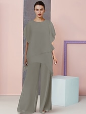 abordables Combinaisons pour maman-Ensemble de deux pièces combinaison  pantalon pour mère de la mariée invitée de mariage élégant grande taille col rond longueur totale chiffon manches courtes avec couleur unie 2025 taille