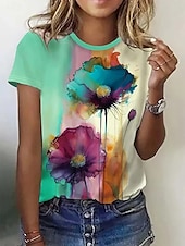 cheap Floral tee-Women&#039;s T Shirt Floral Color Block Casual Short Sleeve Round Neck Regular Tops Daily Print Green Summer