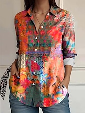 ieftine Topuri boho pentru femei-Bluză pentru femei cu mânecă lungă cu nasturi cu imprimeu floral casual cu guler regular bluză de lucru de zi imprimeu roz roșu albastru portocal curcubeu vară primăvară toamnă