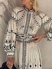 halpa Raidallinen ja geometrinen mekko-Naisten Midimekko Korsetti mekko A linjainen mekko Puff Sleeve mekko Loma Puolimuodolliset mekot Muodollinen Loma Työ Normaali Kuvitettu Lyhythihainen poolokaulus Valkoinen Kesä