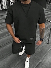 abordables Conjuntos de camisetas de hombre-Hombre Jacquard Tracksuit Camiseta y pantalones cortos Conjunto Conjunto de atuendo Cuello Barco Exterior Diario Deportes Bolsillo Correa 2 Piezas Plano Negro Blanco Verde Claro Poliéster Ropa de