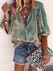 levne Boho topy-Dámské Košile Halenka Grafika Elegantní Denní stylové 3/4 délka rukávu Stojáček Běžné topy Denní Dovolená Jdeme ven Knoflíky Rubínově červená Trávová zelená Duhová Šedá Léto Jaro Podzim