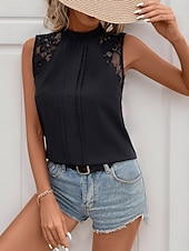 cheap Tank Tops &amp; Camis-Women&#039;s Camisole Tank Top Solid Color Casual Sleeveless Turtleneck Regular Tops Daily Lace Patchwork Navy Blue Green Gray Summer
