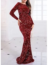 preiswerte Abendkleider-Trompete / Meerjungfrau Abendkleider Elegant Kleid Abendgesellschaft Abiball Pinsel Schleppe Langarm U-Ausschnitt Baumwolle mit Glitzer Paillette 2025
