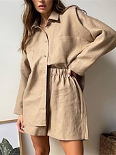 ieftine Seturi-Pentru femei Modă Șic Stradă Cămașă Seturi inspirate de in Seturi din două piese Pantaloni scurți de plajă Pantaloni scurți largi Manșon Lung Guler Cămașă Culoare solidă Cordon Vacanță Purtare Zilnică