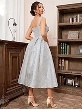 voordelige Cocktailjurken-Brocade A-Lijn Cocktailjurken Feestjurk Bruiloft Bruiloft Gast Thee Lengte Mouwloos Vierkante Hals Polyester met Bloemen Jurken Bruiloft Gast Jurk