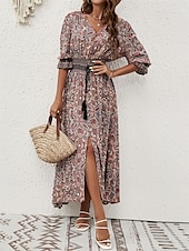economico Abiti boho-Per donna Vestito maxi Abito casual Abito Boho a maniche lunghe Abito boho Boemia Moda Essenziale Da mare Informale Giornaliero Standard Pop art Manica a 3/4 A V Marrone rossastro Blu Estate