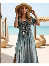 abordables Robes Boho-Robe maxi femme Robe décontractée Robe décontractée Quotidien Ajustement lâche Géométrique Manches courtes Col rond Teal Noir Blanc Rouge été
