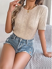 abordables Hauts en dentelle-Femme Pull en maille torsadée Pullover Le style mignon du quotidien mode Couleur unie A côtes Col Ras du Cou Ouvert Tricoté Manches à volants Manches courtes Hauts réguliers Tricoter Intérieur Soirée