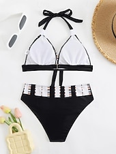 billige Bikinisett-Dame Badetøy Bikini 2 stk Frekk Badedrakt Åpen rygg Tynn Ferie Strand Klær Grafisk V-hals Ermeløs Badedrakter