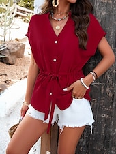 cheap Plain tee-Women&#039;s Shirt Blouse Solid Color Stylish Casual Short Sleeve Notched Neck Regular Tops Daily Buttons Drawstring Black Wine Blue Green Beige Summer
