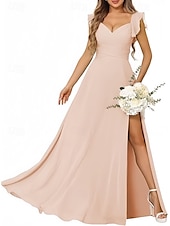 cheap Bridesmaid Dresses-A-Line Bridesmaid Dress Straps Short Sleeve Elegant Floor Length Chiffon with Ruffles / Split Front / Ruching