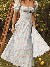 economico Abito Floreale-Per donna Vestito longuette Abito a corsetto Abito linea A Abito da lattaia Abito con maniche a sbuffo Festività Da mare Giornaliero Standard Floreale Manica corta Squadrata Bianco Giallo Rosa Blu
