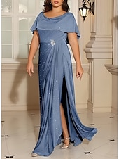 economico Abiti da sposa-Abiti da Sposa in A-Line Abito Glitterato Ospite di Nozze Lunghezza Piena Manica Corta Collo Tondo Autunno Ospite di Nozze Tessuto Lurex Scollo a Cowl con Plissé Fessura 2025