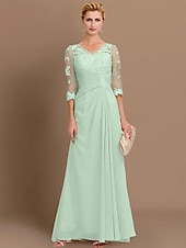 economico Lunghezza del pavimento-ts beach wedding a-line madre della sposa abito da sposa invitata elegante taglie forti trasparente scollo a V lunghezza pavimento chiffon mezza manica con applicazioni drappeggio laterale 2025