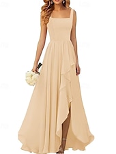 baratos Vestidos para Madrinhas-Linha A Vestido de Madrinha Correias / Decote Quadrado Sem Manga Elegante Longo Chiffon / Elastano com Pregas / Fru-Fru / Pregueado 2022