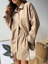 ieftine Seturi-Pentru femei Modă Șic Stradă Cămașă Seturi inspirate de in Seturi din două piese Pantaloni scurți de plajă Pantaloni scurți largi Manșon Lung Guler Cămașă Culoare solidă Cordon Vacanță Purtare Zilnică