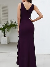 abordables Robes pour invitées de mariage-Trapèze Robes d&#039;invité de mariage Fente latérale Robe robe demoiselle d honneur Asymétrique Sans Manches Col V Invité de mariage d&#039;automne Crêpe Stretch avec Ruché Volants Fendue 2025