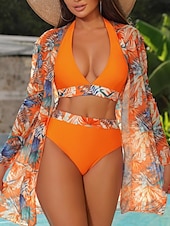 billiga Bikiniset i 3 delar-Dam Badkläder Bikini Tre delar Kalsonger Baddräkt Öppen rygg Smal Hög midja Semester Standkläder Blommig Halterneck Långärmad Baddräkter