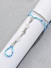 billige Damearmbånd-strandfotsmykker - ankellenke med blå perler med sjøstjerner og cowrieskjell, justerbare og boho chic, perfekt for sommer, strandfester og festivaler