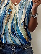 billige Kvinnenes Kunst &amp; Design Topper-Kvinne Bluse Ombre Grafisk Stripete Casual Kort Erm V Utringet Regular Tops Daglig Knappe Print Blå Sommer