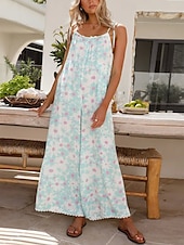 voordelige vakantie jumpsuit-Dames Normaal Jumpsuit Actief Bloemig Mouwloos U-hals Hoge taille Vakantie Dagelijks Ruim Passend Licht Blauw Zomer