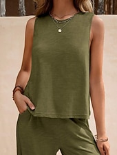 cheap Sets-Women's Shirt Linen-feel Set Two Piece Sets Wide Leg Pants Sleeveless Crew Neck Plain Fashion Streetwear Daily Casual Daily Black Yellow Army Green Summer Regular Fit
