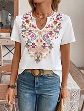 levne Boho tričko-Dámské Tričko Květinový Na běžné nošení Krátký rukáv Do V Běžné topy Denní Tisk Bílá Léto