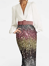 voordelige Roze-Zeemeermin  Trompet Avondjurk Elegante Jurk Formele Bruiloft Vloerlengte Lange Bubbelmouw Plunge Hals Riem  Sjerp Met Ombre Gesequinned Rok