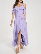 cheap Bridesmaid Dresses-A-Line Bridesmaid Dress V Neck / Spaghetti Strap Short Sleeve Elegant Asymmetrical Chiffon with Split Front / Ruching