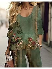 abordables Ensembles-Ensemble de 2 pièces chemise basique néon et lumineuse blouse à manches 3/4 col en V imprimé floral décontracté similaire au lin vert été coupe régulière