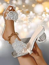 economico Sandali con tacco-tacchi trasparenti con perline di cristallo dorate per donna – sandali trasparenti con accenti decorativi dorati, perfetti per cocktail party