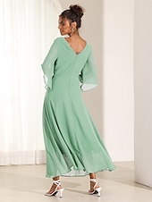 economico Abiti da festa-abito da cocktail per invitati a nozze da donna in chiffon tinta unita con volant intrecciato elegante abito lungo estivo scollo a V svasato manica a 3/4
