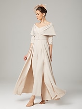 olcso Anya kombinéi-Két részes jumpsuit  nadrágruha a menyasszony édesanyjának formális esküvői vendég elegáns parti kerek nyakú váll alatti bokáig érő rugalmas anyag 3/4 hosszú ujjú öv  szalaggal