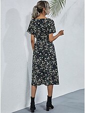 billiga Eleganta blommiga klänningar-Dam Midiklänning Vardagsklänning Swingklänning A linjeklänning Stylish Ledigt Semester Dagligen Normal Blommig Kortärmad V-hals Svart Vit Gul Rodnande Rosa Sommar
