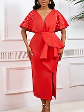 preiswerte Kentucky Kleid-Kentucky Derby Damen Midi Kleid Bodycon Kleid Puffärmel Kleid Elegant Formal Cocktail Formal Party Hochzeitsgast Reguläre Passform Grafisch Kurzarm V-Ausschnitt Schwarz Weiß Gelb Rot Sommer