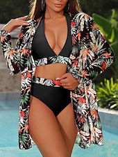 billiga Bikiniset i 3 delar-Dam Badkläder Bikini Tre delar Kalsonger Baddräkt Öppen rygg Smal Hög midja Semester Standkläder Blommig Halterneck Långärmad Baddräkter