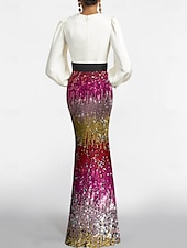 voordelige Roze-Zeemeermin  Trompet Avondjurk Elegante Jurk Formele Bruiloft Vloerlengte Lange Bubbelmouw Plunge Hals Riem  Sjerp Met Ombre Gesequinned Rok