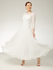 baratos Comprimento do chão-Vestido A-Line Para Mãe da Noiva Convidada Elegante Gola Redonda Comprimento do Tornozelo Chiffon Renda Mangas 3/4 com Franzido de Lantejoulas 2025