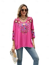 billige Boho topper-Dame Boho skjorte Helfarge Blomstret Bohem Daglig Luksuriøs 3/4 ermer 3/4-ermer Crew-hals Vanlige topper Arbeid Daglig Ut på byen Broderi Svart Gul Rose Rosa Sommer