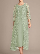 baratos Com jaqueta-Conjunto de Vestido de Mãe da Noiva Elegante Vintage Simples Gola Redonda Comprimento Chá Chiffon Manga 3/4 Com Bordas em Cascata com Aplique de Renda Floral com Lantejoulas 2025