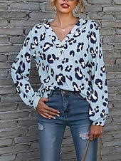 billige Kvinne Grafiske Topper-Dame T skjorte Leopard Mote Moderne Fritid Langermet V-hals Vanlige topper Daglig Helg Hvit Rosa Blå Brun Vår Høst