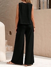 cheap Sets-Women's Shirt Linen-feel Set Two Piece Sets Wide Leg Pants Sleeveless Crew Neck Plain Fashion Streetwear Daily Casual Daily Black Yellow Army Green Summer Regular Fit