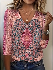Χαμηλού Κόστους Boho t-shirt-Γυναικείο T-Shirt V Κόψη Μακρύ Μανίκι Τουνίκ Floral Vintage Elegant Vintage Κανονικά Τοπ Καθημερινή Εκτύπωση Κόκκινο Άνοιξη Φθινόπωρο