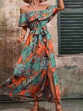 preiswerte Blumenkleider-Damen Midi Kleid Korsett Kleid Rüschens Kleid Off-the-Shoulder Kleid Urlaub Strand Urlaub Täglicher Regular Fit Grafik Kurzarm Off-Shoulder Gelb Hellgrün Himmelblau Orange Sommer