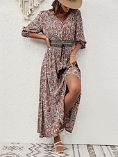 economico Abiti boho-Per donna Vestito maxi Abito casual Abito Boho a maniche lunghe Abito boho Boemia Moda Essenziale Da mare Informale Giornaliero Standard Pop art Manica a 3/4 A V Marrone rossastro Blu Estate